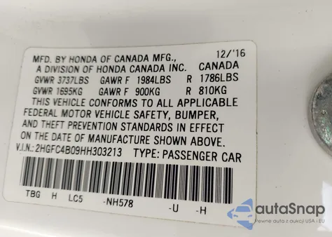 2017 Honda Civic Lx-P z USA, uszkodzony, nr VIN 2HGFC4B09HH303213